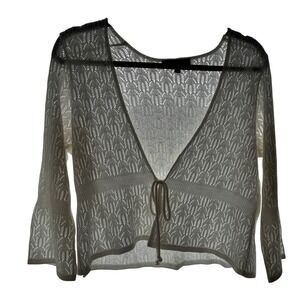 Vintage Notations Crochet Knit Cardigan Women Medium White Tie Front Boho Indie